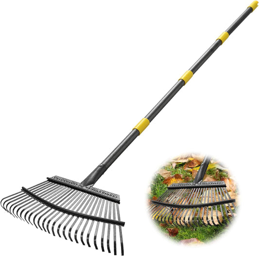 Rake - 65 Inch Long Garden Leaf Rake, 18 Inch Wide Heavy Duty Leaf Rake for Shrub with 25 Metal Tines,Yard Thatchibng Rake with Ergonomics Adjustable Handle for Picking Leaves,Grass ClippingsGarbage