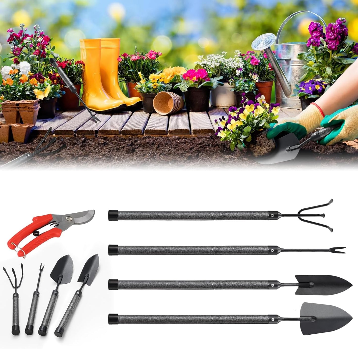 Garden Tool Set, 5Pcs Garden Tools with Extensions, Heavy Duty Rustproof Metal Gardening Tool Shovel Weeder Tiller Pruning Shear Gardening Supplies Gardening Gifts for Women Kids