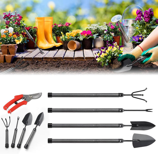 Garden Tool Set, 5Pcs Garden Tools with Extensions, Heavy Duty Rustproof Metal Gardening Tool Shovel Weeder Tiller Pruning Shear Gardening Supplies Gardening Gifts for Women Kids