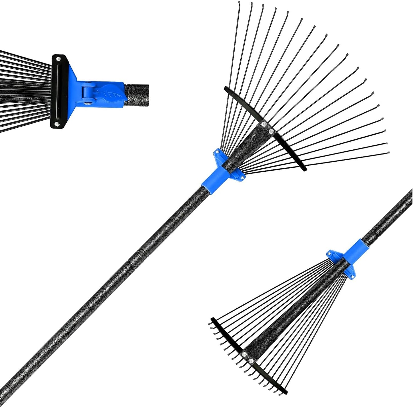 YeYeBest 61", 75", 89" Rake for Leaves with 18 Metal Tines 10-18" Expandable Head Rakes Adjustable Handle for Lawn Leaf Rake Yard Tools for Collecting Leaves, Grass Clippings, Garbage Blue