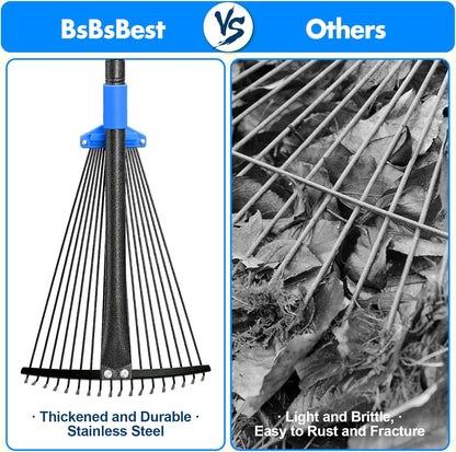 YeYeBest 61", 75", 89" Rake for Leaves with 18 Metal Tines 10-18" Expandable Head Rakes Adjustable Handle for Lawn Leaf Rake Yard Tools for Collecting Leaves, Grass Clippings, Garbage Blue