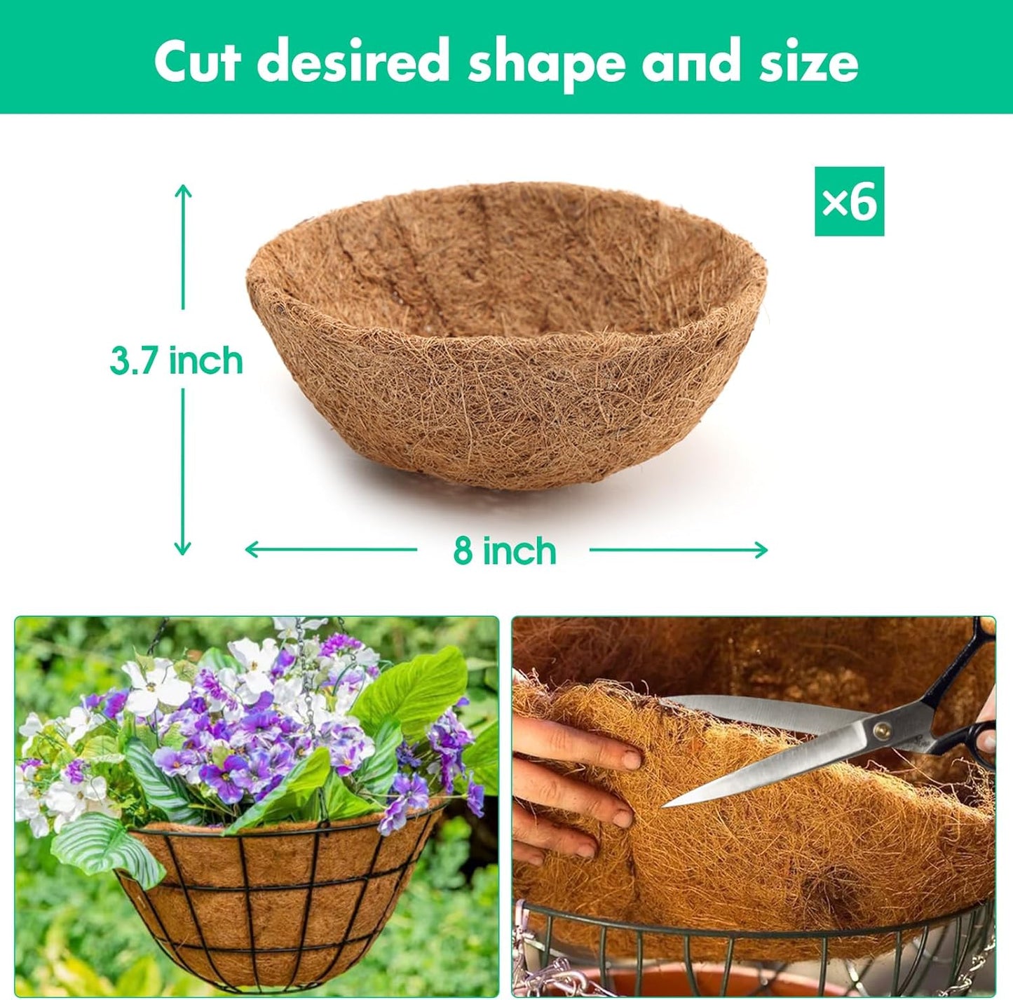 6 Pieces 8 Inch Round Coco Liners Hanging Basket Replacement, Natural Coconut Coco Fiber Liner Planter Basket Liners for Hanging Garden Basket Flower Pot Plants Vegetables