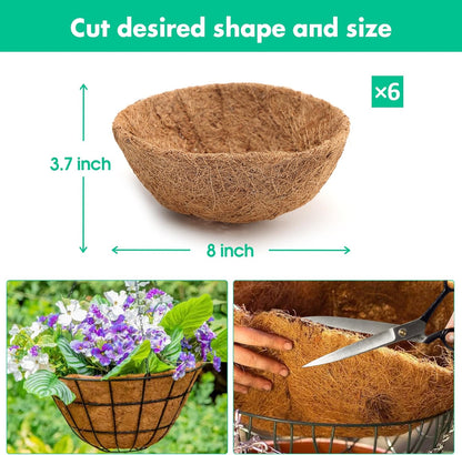 6 Pieces 8 Inch Round Coco Liners Hanging Basket Replacement, Natural Coconut Coco Fiber Liner Planter Basket Liners for Hanging Garden Basket Flower Pot Plants Vegetables