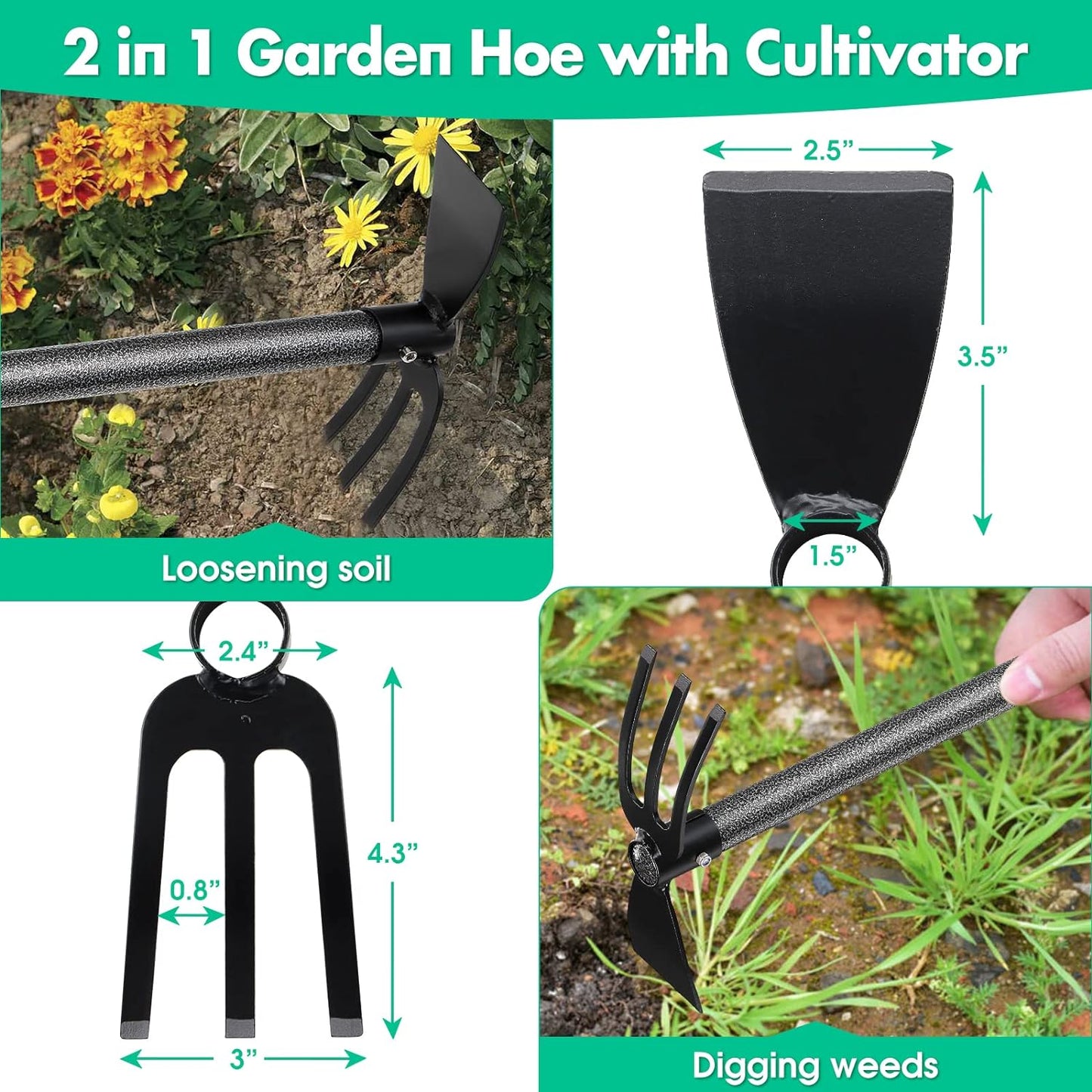 Hoe and Cultivator, Garden Hand Tiller with 45" Long Handle,Heavy Duty Garden Hoe and Cultivator for Gardening,Tilling Soil, Planting