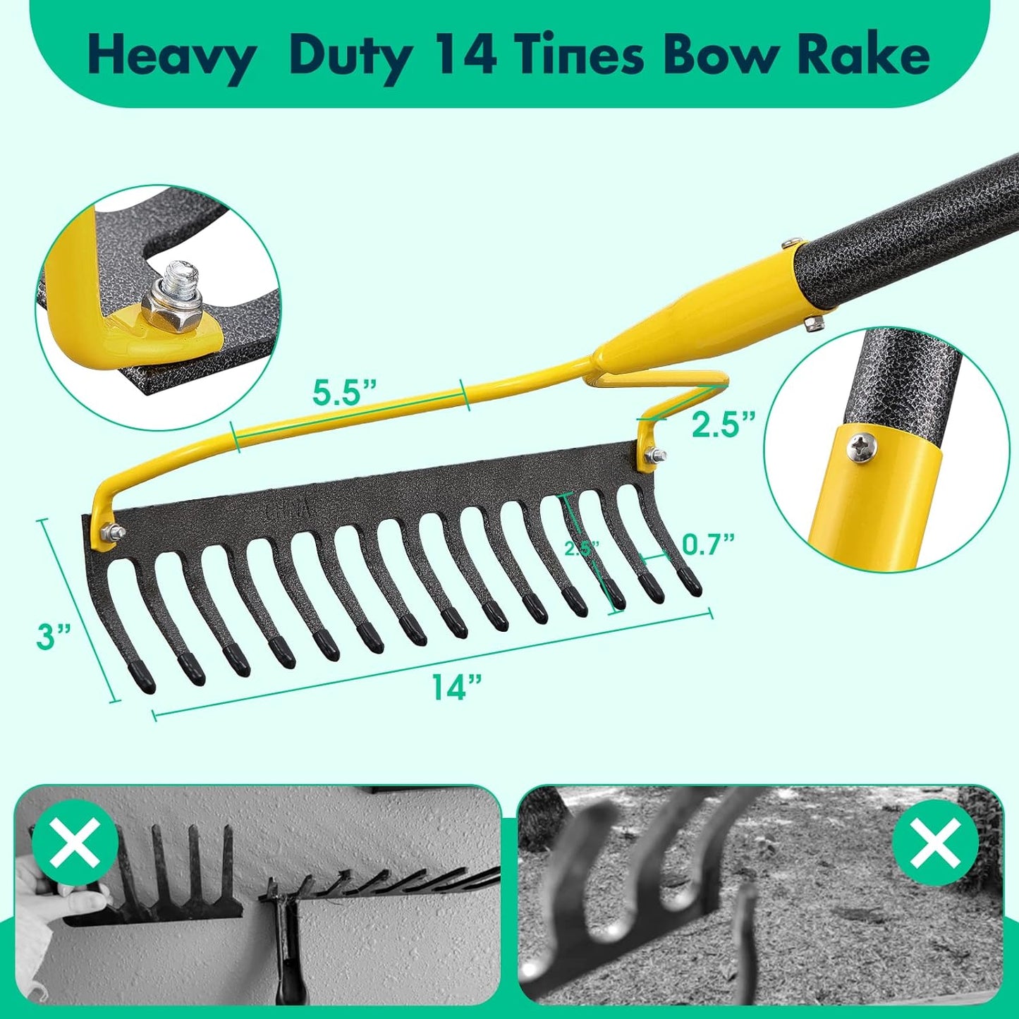 Garden Rake, 60 Inch Long 14 Inch Wide Heavy Duty 14 Tines Metal Bow Rake for Lawn,Hard Landscape Cultivator Garden Rake with Adjustable Steel Handle for Loosening Soil Leveling Mulch Gathering Leaf