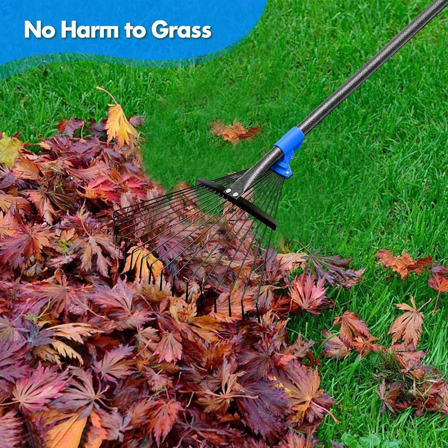 YeYeBest 61", 75", 89" Rake for Leaves with 18 Metal Tines 10-18" Expandable Head Rakes Adjustable Handle for Lawn Leaf Rake Yard Tools for Collecting Leaves, Grass Clippings, Garbage Blue