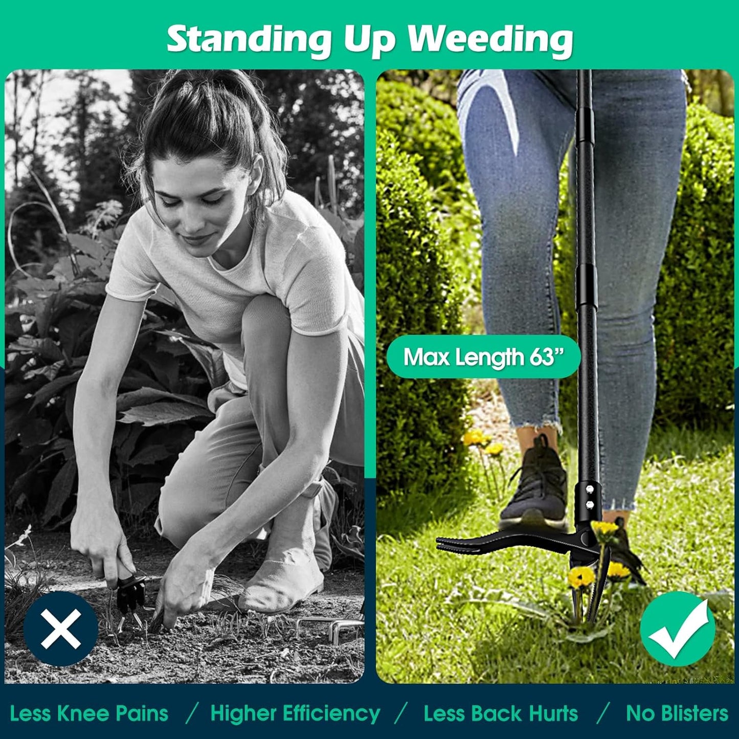 Weed Puller with Long Handle- 63inch - Adjustable Stand Up Weed Puller Tool, Heavy Duty Stand Dandelion Digger Puller, Ergonomic Standing Weeding Puller Tool Weed Picker for Garden Lawn Farmland