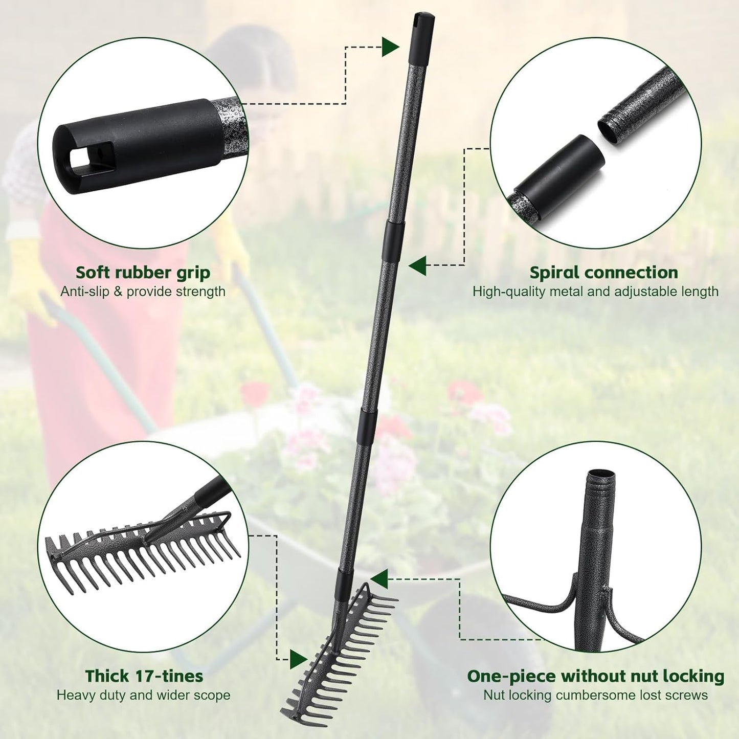 63'' Bow Rake ，17 Tines Metal Head Rake with Stainless Steel Handle，Heavy Duty Garden Rake for Loosening Soil Gathering Leaf Leveling Lawn Farming Land Management Yarn Thatch Rake