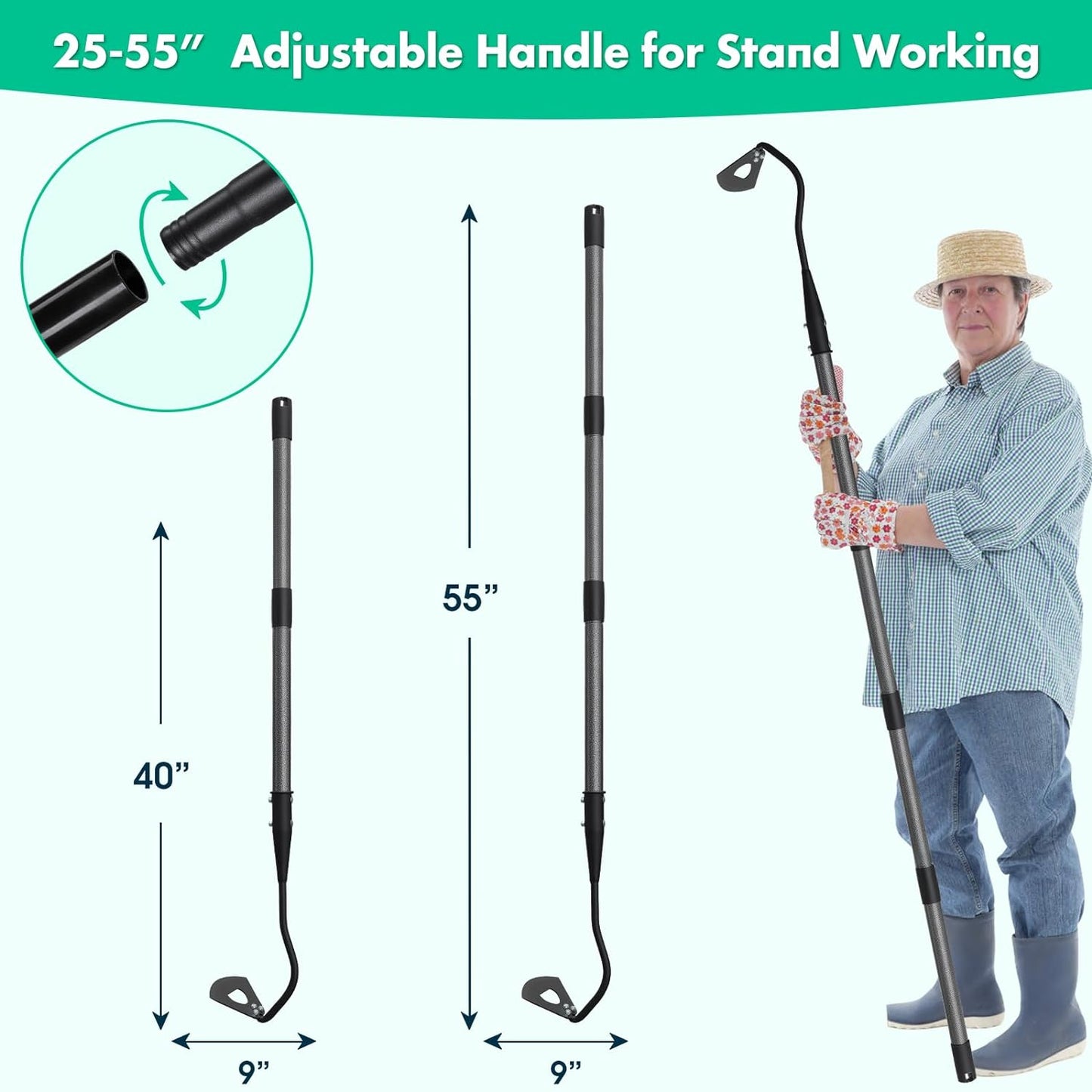 Hoe Garden Tools - Hardened Hollow Garden Hoe with Long Handle 55 Inch - Heavy Duty Metal Garden Hoes Manual Weeder