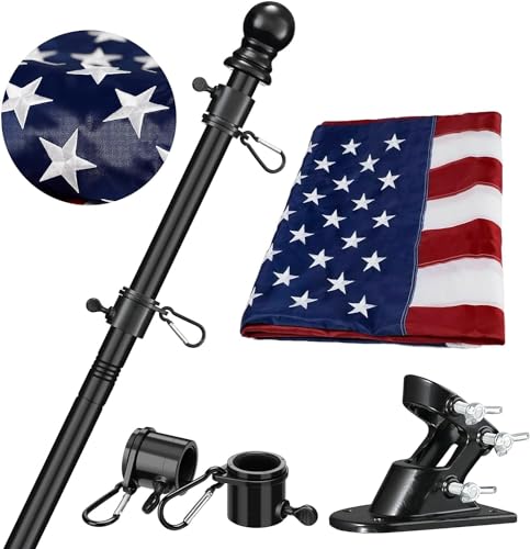 Flag Pole for House with American Flag-Black Flagpoles Residential Kit with 5FT Tangle Free Metal Flag Poles,3x5 Embroidered US Flag and Holder Bracket,Stainless Steel for Outside Porch,Outdoor,Boat