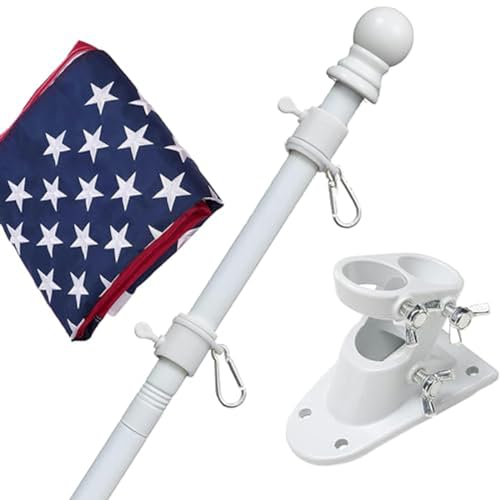 Flag Pole Kit with 3x5 American Flag - Includes 5ft Heavy Duty Tangle Free Flagpole,Embroidered 3X5 US Flag,Aluminum Mount Holder Bracket,Metal Flagpoles for Outside House,Porch,Outdoor - White