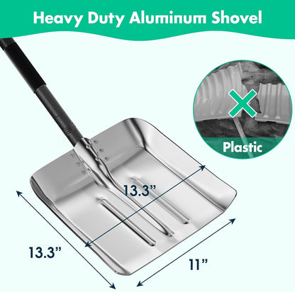 Snow Shovel for Driveway, Aluminum Snow Shovel for Driveway Car Snow Removal, Heavy Duty Back Saving Metal Snow Shovel Ergonomic Snow Scoop for Decking Car Trunk Outdoor,13.3” Wide, 50” Long Handle