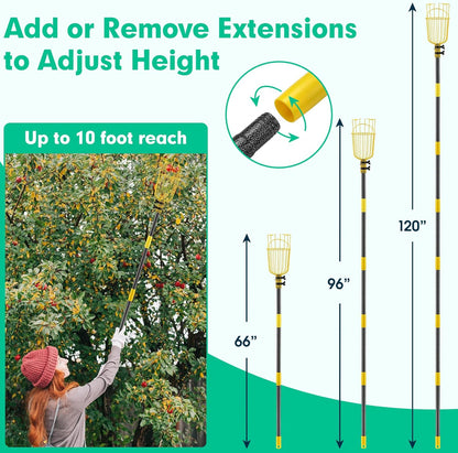 Fruit Picker Apple Picker, 66", 96", 120" Long Heavy Duty Fruit Picker Tool with Fruit Basket, Adjustable Splicing Extension Fruit Picker Pole Fruit Picking Grabber