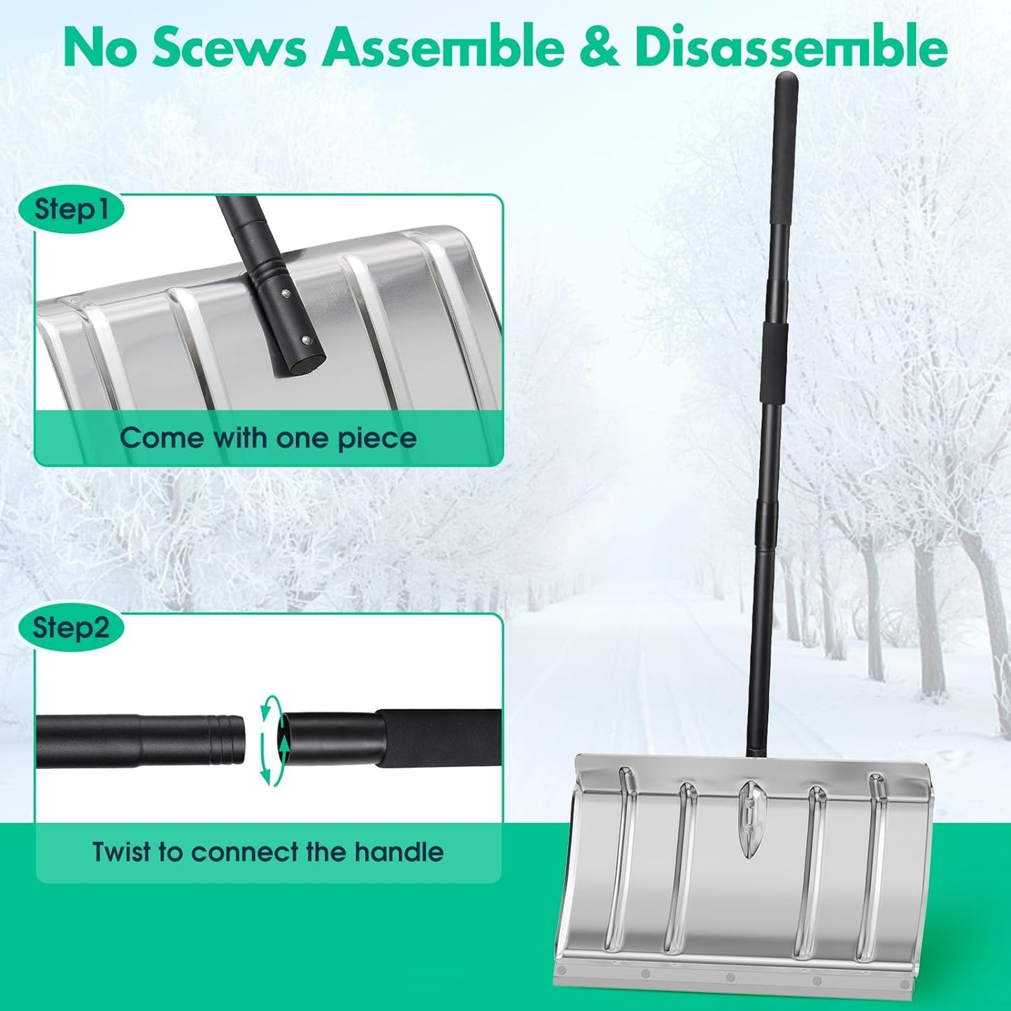 Snow Shovel for Driveway,Heavy Duty Aluminum Snow Shovel Pusher for Car Driveway Snow Removal,Metal Snow Shovel Ergonomic Snow Scoop for Decking Trunk Outdoor,54 Inches Long Handle