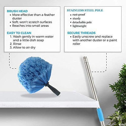 Cobweb Duster with Pole, 4ft Stainless Steel Pole Cobweb Brush with Medium-Stiff Bristles for Walls Beams Shelves Iight Fixtures and Window Screens