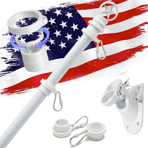 House Flag Pole Kit - 3x5ft Flag Pole Holder for Outside House,Upgraded Tangle Free with Ball Bearing Swivel Rings,Heavy Duty Metal Flagpole with Aluminum Wall Mount Bracket,for Porch,Outdoor,White