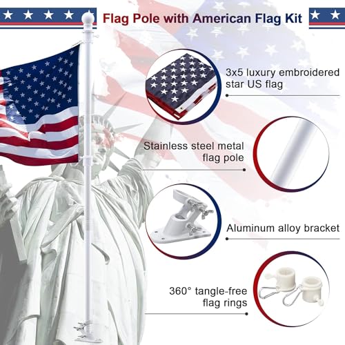 Flag Pole Kit with 3x5 American Flag - Includes 5ft Heavy Duty Tangle Free Flagpole,Embroidered 3X5 US Flag,Aluminum Mount Holder Bracket,Metal Flagpoles for Outside House,Porch,Outdoor - White