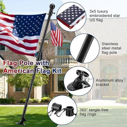 Flag Pole for House with American Flag-Black Flagpoles Residential Kit with 5FT Tangle Free Metal Flag Poles,3x5 Embroidered US Flag and Holder Bracket,Stainless Steel for Outside Porch,Outdoor,Boat