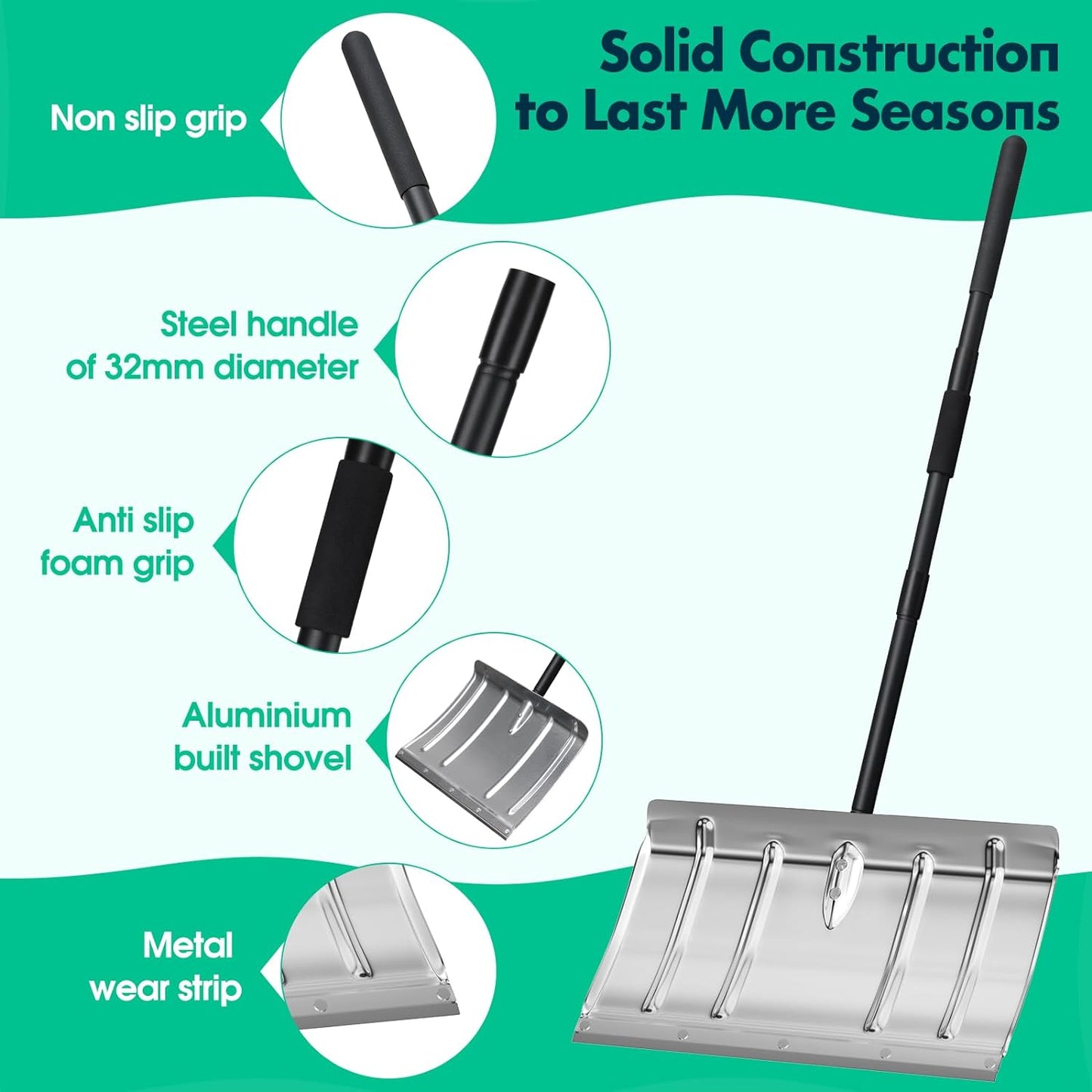 Snow Shovel for Driveway,Heavy Duty Aluminum Snow Shovel Pusher for Car Driveway Snow Removal,Metal Snow Shovel Ergonomic Snow Scoop for Decking Trunk Outdoor,54 Inches Long Handle