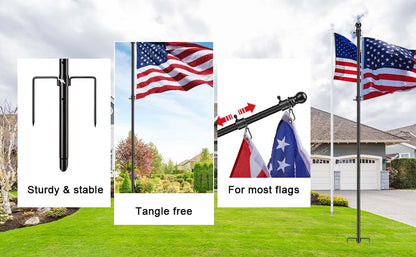 Yard Flag Pole for Outside Ground - 8.5 ft Tangle Free Heavy Duty Flag Pole Kit with 2 Anti-Tip Prong Base,Portable Inground Flag Holder with 3x5 American Flag for House Outdoor Campers,White