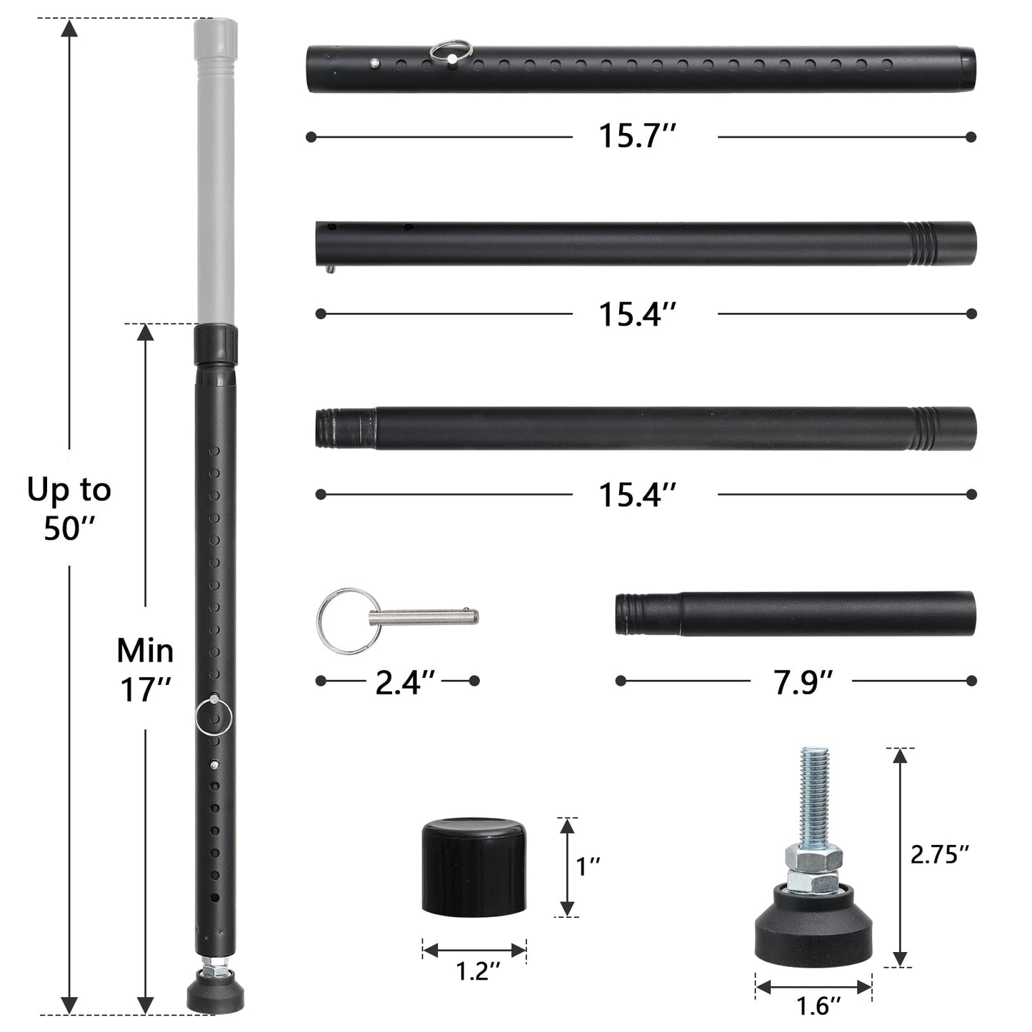 Sliding Door Security Bar，17.7-50.5inch Adjustable Locking Window Safety Bar with Rubber Tips,Diameter 1inch Window Security Bar for Home Apartment （Black）