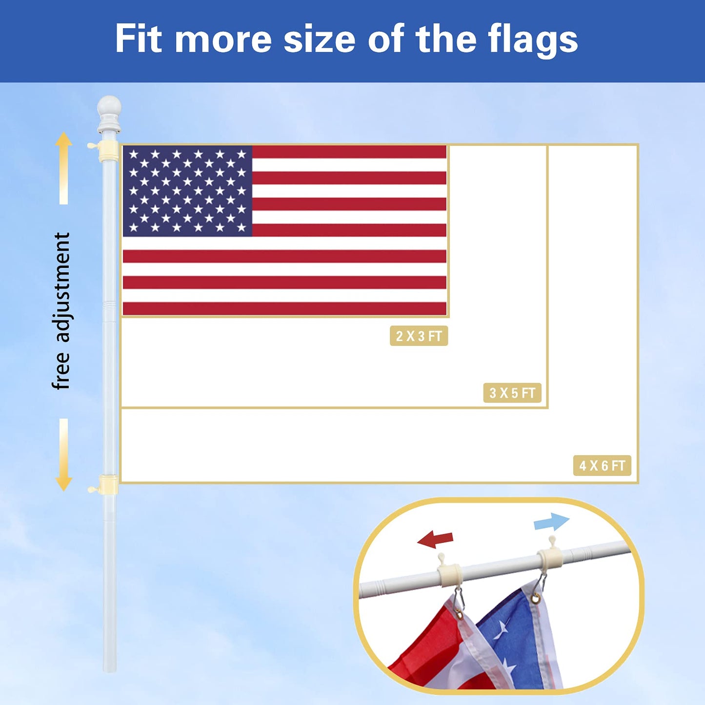 White Flag Poles for Outside House - 5ft Tangle Free Flag Pole for House,Heavy Duty Metal Flagpole Hardware for 3x5 American Flags,Outdoor Flagpoles Mount for Porch,Car,Truck,Boat (without Bracket)