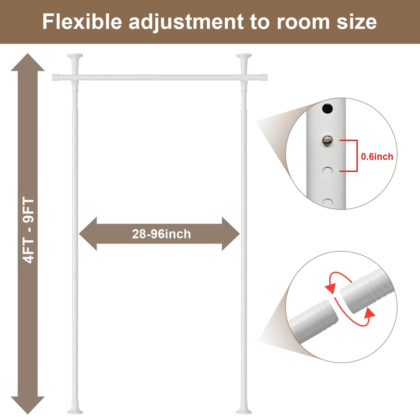 Tension Curtain Rod Stand for Room Divider & Window - No Drilling Partition Room Dividers Wall,28-96inch(W) 4-9ft(H),Heavy Duty Metal Curtain Stand for Room Separation,Room Separator,White