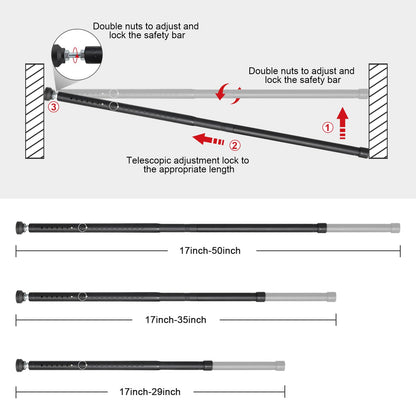Sliding Door Security Bar，17.7-50.5inch Adjustable Locking Window Safety Bar with Rubber Tips,Diameter 1inch Window Security Bar for Home Apartment （Black）