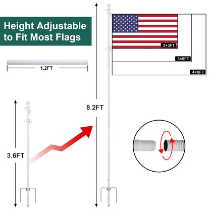 Yard Flag Pole for Outside Ground - 8.5 ft Tangle Free Heavy Duty Flag Pole Kit with 2 Anti-Tip Prong Base,Portable Inground Flag Holder with 3x5 American Flag for House Outdoor Campers,White