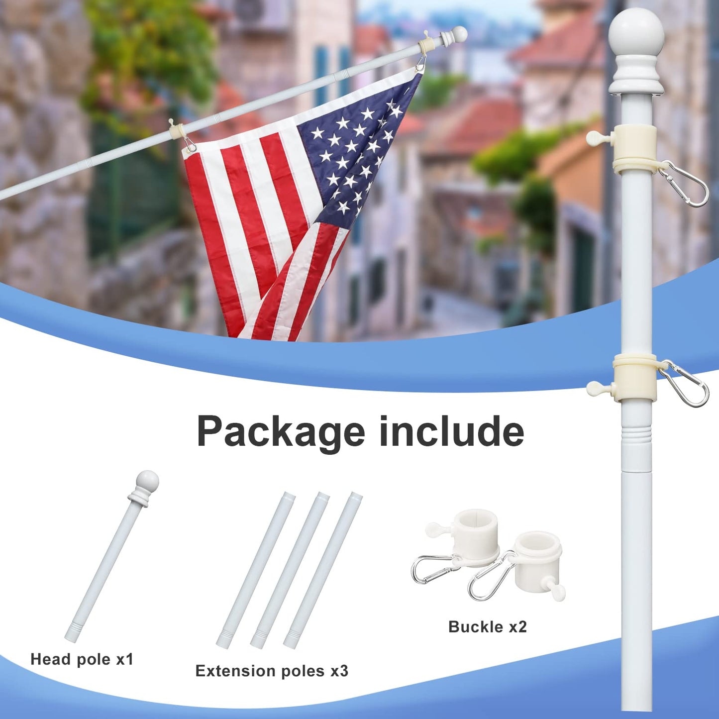 White Flag Poles for Outside House - 5ft Tangle Free Flag Pole for House,Heavy Duty Metal Flagpole Hardware for 3x5 American Flags,Outdoor Flagpoles Mount for Porch,Car,Truck,Boat (without Bracket)