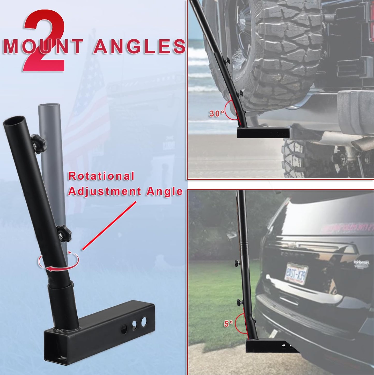 Truck Flag Pole Kit with Trailer Hitch Holder - 5FT Heavy Duty Tangle Free Flagpole for Truck,Upgraded Windproof Holder with 18” Long Sleeve for Truck Bed,Car Tailgate,Sunshade Umbrella Mount - Black