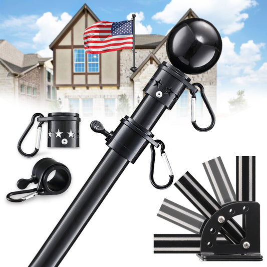 House Flag Pole Kit - 5ft Heavy Duty Metal Flag Pole Holder for Outside House,Tangle Free 3x5 Flagpole with Multi-Position Mounting Bracket for Porch,Outdoor,Truck,Jeep,Boat