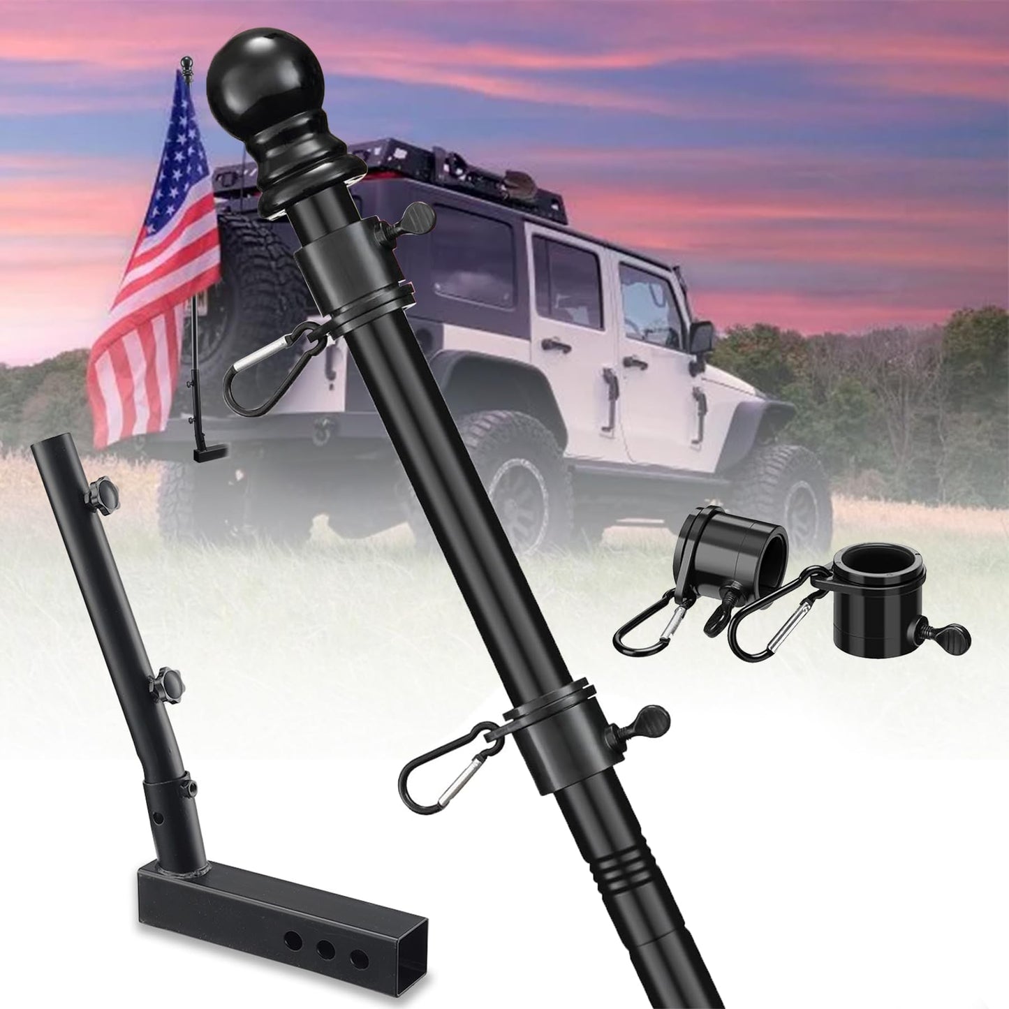 Truck Flag Pole Kit with Trailer Hitch Holder - 5FT Heavy Duty Tangle Free Flagpole for Truck,Upgraded Windproof Holder with 18” Long Sleeve for Truck Bed,Car Tailgate,Sunshade Umbrella Mount - Black