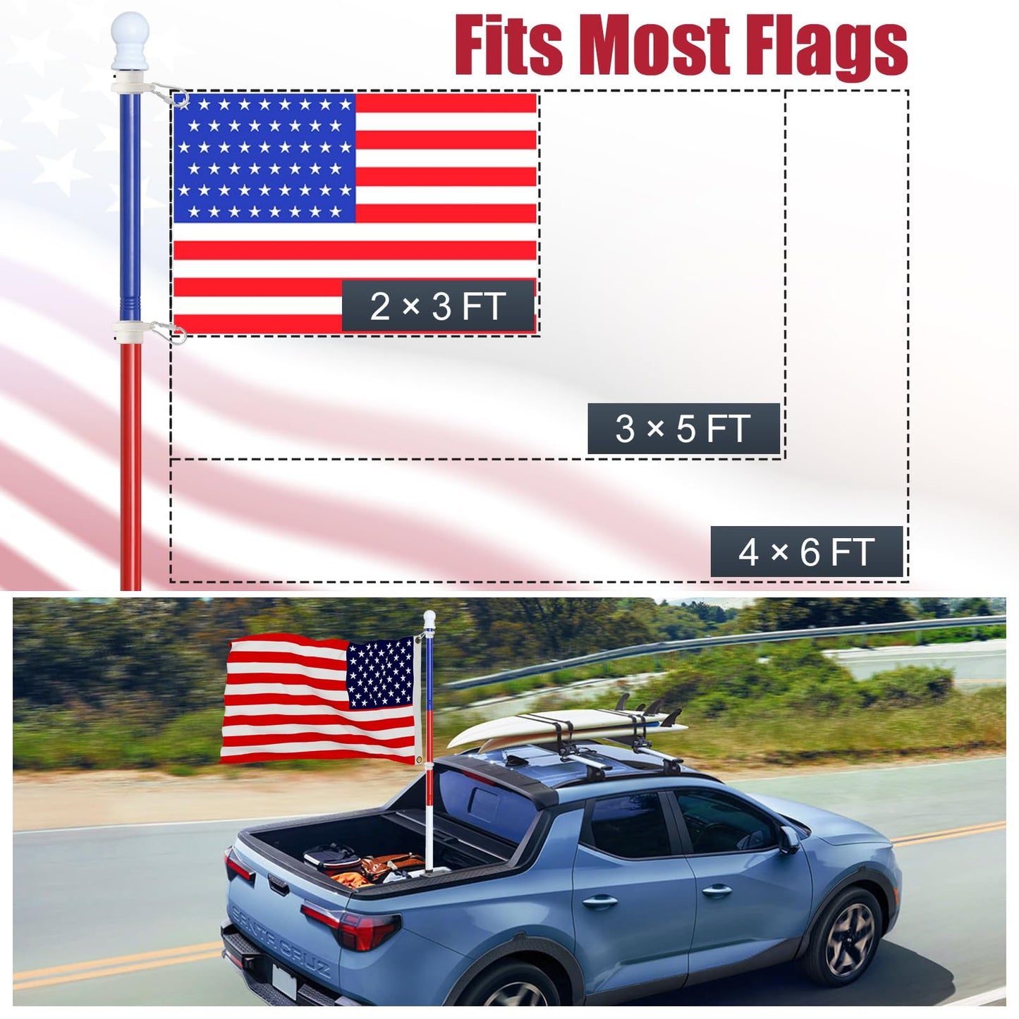 PoPoHoser Flag Pole - Tangle Free Flag Pole Kit with No Drilling Holder for Truck Bed, 1 inch Stainless Steel Metal Flagpole for Car, Pickup, Jeep, Vehicle, House, Porch, Parade Tri-Color 6FT