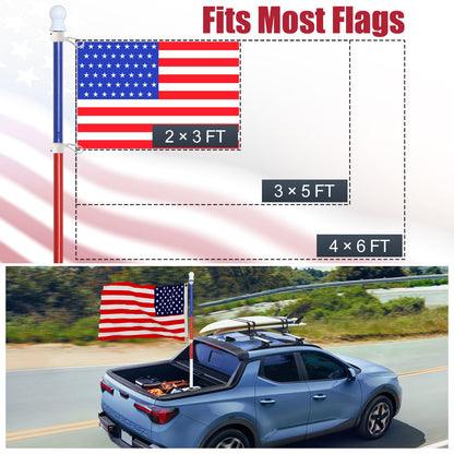 PoPoHoser Flag Pole - Tangle Free Flag Pole Kit with No Drilling Holder for Truck Bed, 1 inch Stainless Steel Metal Flagpole for Car, Pickup, Jeep, Vehicle, House, Porch, Parade Tri-Color 6FT