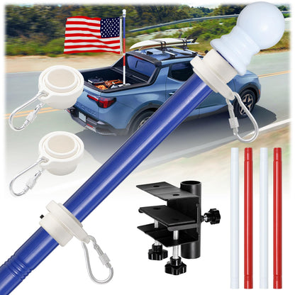 PoPoHoser Flag Pole - Tangle Free Flag Pole Kit with No Drilling Holder for Truck Bed, 1 inch Stainless Steel Metal Flagpole for Car, Pickup, Jeep, Vehicle, House, Porch, Parade Tri-Color 6FT