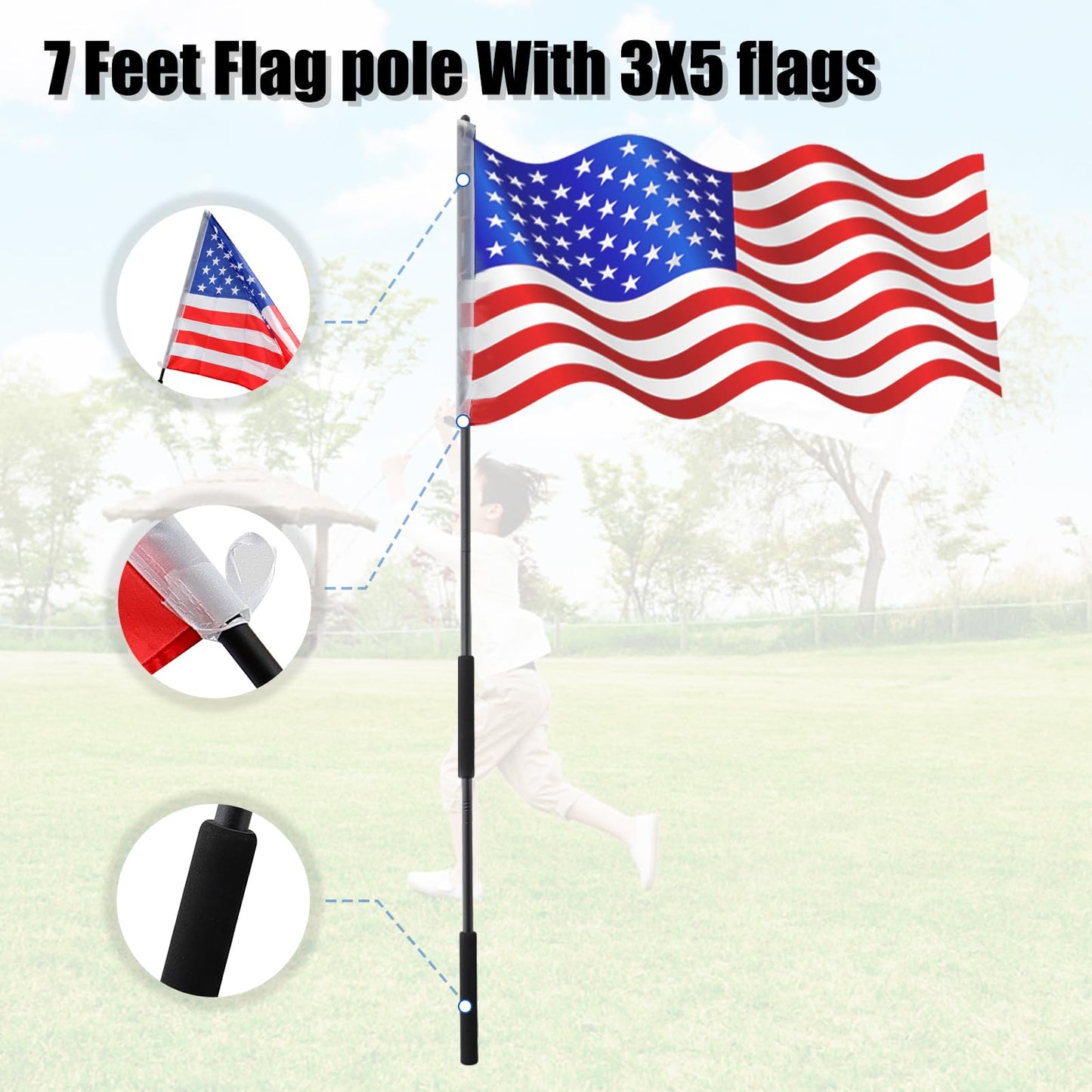 Handheld Flagpoles for 3x5 Flag, 7FT American flag with pole Tangle Free Black Flag Pole Kit for Parade