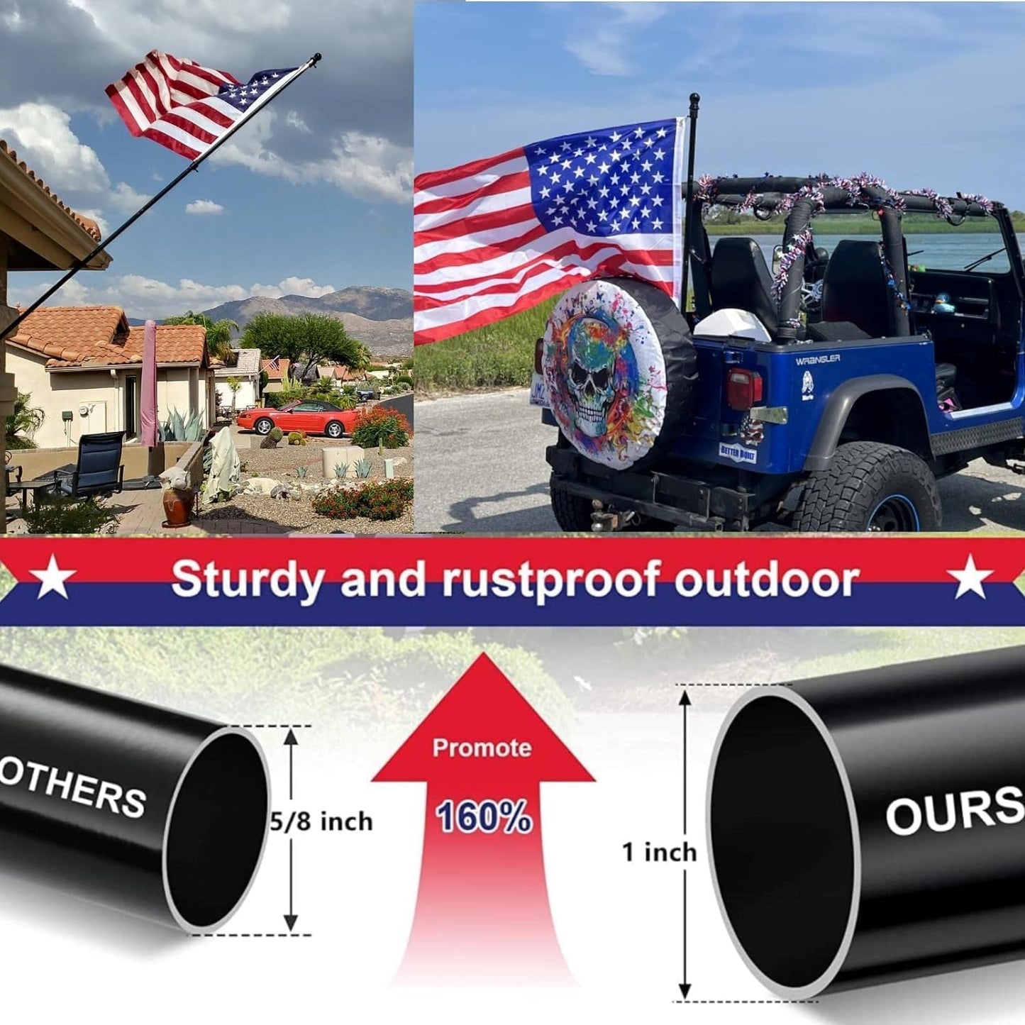 Black Flag Pole for House - 5ft Tangle Free House Flag Pole for 3x5 Flags,Rustproof Outdoor Flag Poles for Outside House Porch Garage Truck Boat Decor (Flagpole without Bracket)