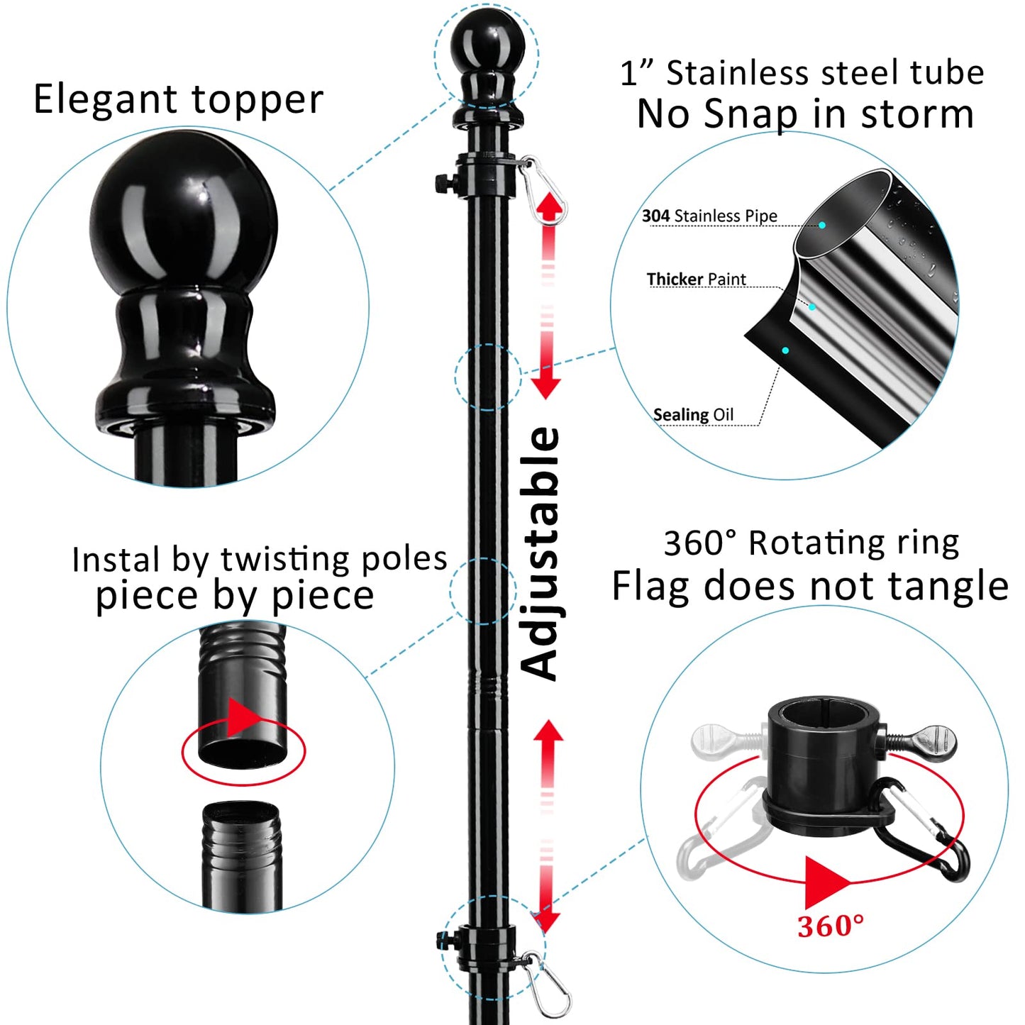 Black Flag Poles for Outside in Ground - 8FT Flag Pole for House with 2 Pronges Base - Stainless Steel Flag Pole Kit with 3x5FT American Flag for Yard Residential Commercial