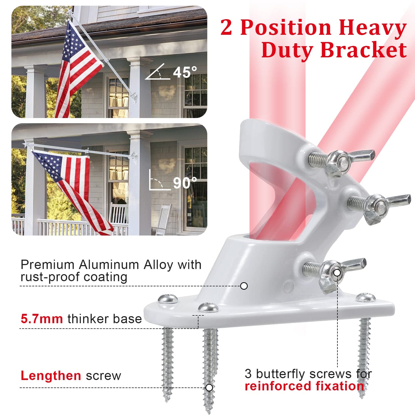 House Flag Pole Kit - 5ft Tangle Free Flag Pole Holder for Outside House,Heavy Duty American Flag Poles for 3x5 Flags Outdoor,Decorative Metal Flagpole for Porch,Garage,Wall Mount - White