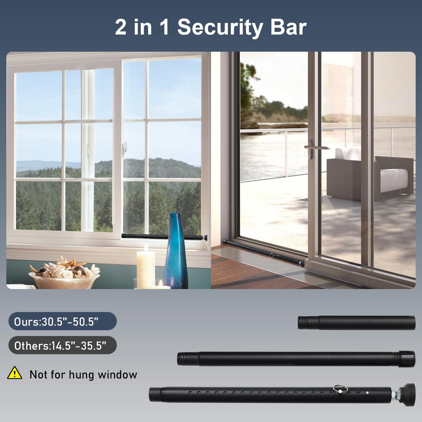 Sliding Door Security Bar，17.7-50.5inch Adjustable Locking Window Safety Bar with Rubber Tips,Diameter 1inch Window Security Bar for Home Apartment （Black）