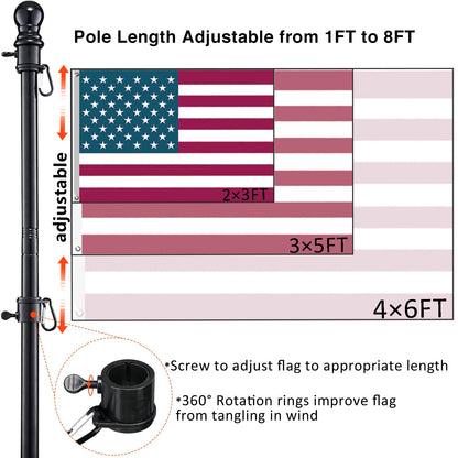 Black Flag Poles for Outside in Ground - 8FT Flag Pole for House with 2 Pronges Base - Stainless Steel Flag Pole Kit with 3x5FT American Flag for Yard Residential Commercial