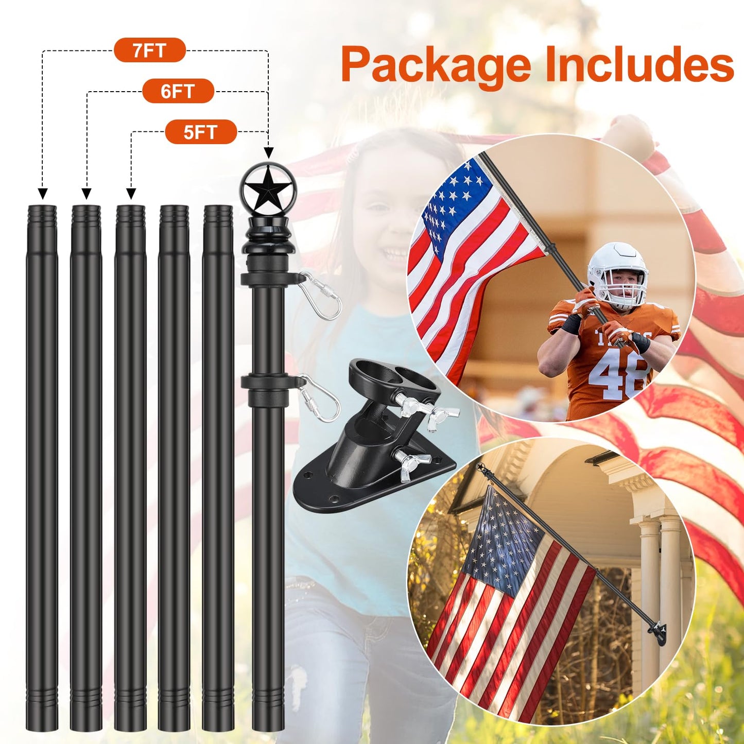 Porch Flag Pole Kit for House - 5ft Heavy Duty Metal Flag Pole Holder for Outside House,Upgraded Tangle Free Flagpole with Ball Bearing Swivel Rings & Aluminum Wall Mount Bracket for Outdoor,Black