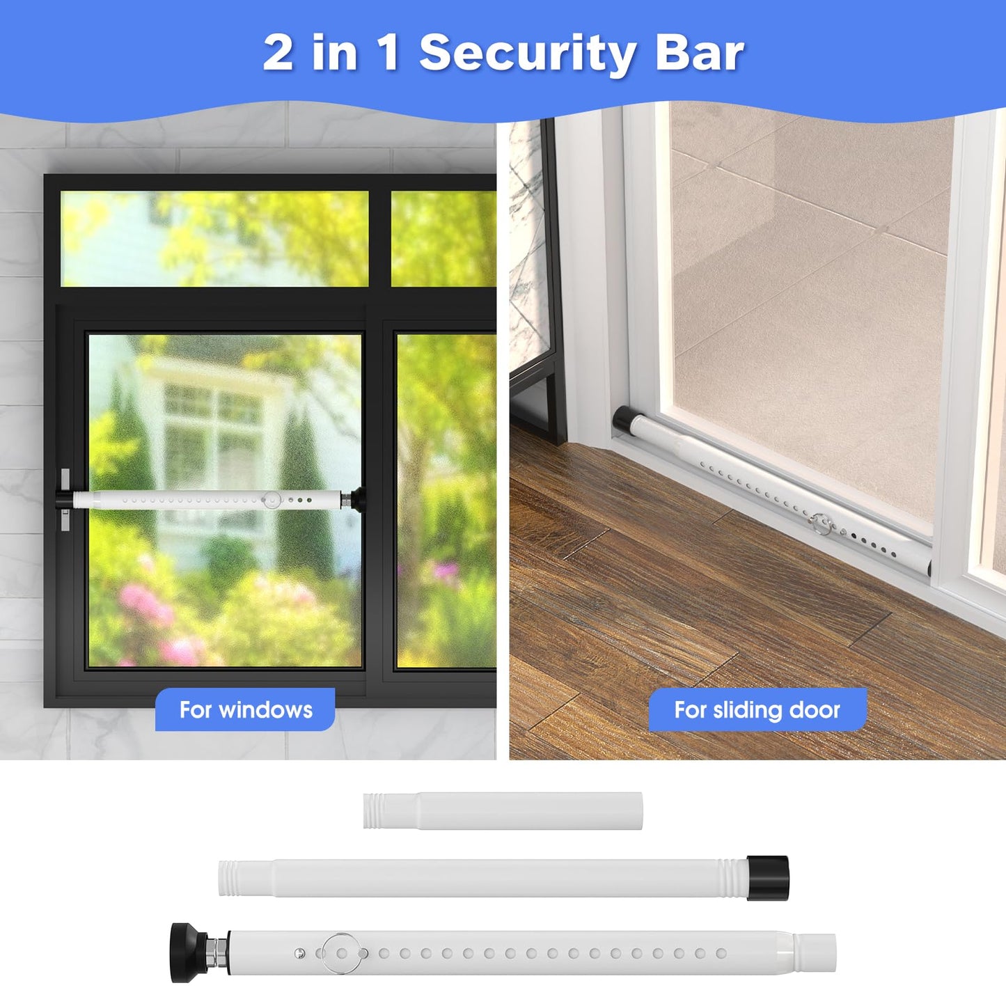 Window Security Bar 2Pack, 16 to 51Inch Adjustable Sliding Door Lock Bar- Dual Use-Patio Sliding Door Security Bar or Window Security Lock, Child Proof Window Security Bars Window Stopper