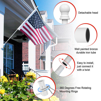 House Flag Pole Kit - 5ft Tangle Free Heavy Duty Flag Pole for Outside House,Decorative Metal Flag Poles for Outdoor Front Porch Boat Truck, Wall Mount & Portable 3x5 Hand Held Flagpole - White