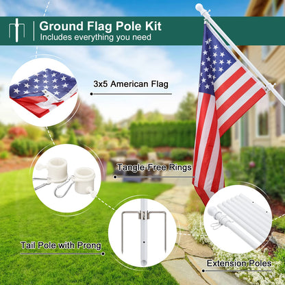 Yard Flag Pole for Outside Ground - 8.5 ft Tangle Free Heavy Duty Flag Pole Kit with 2 Anti-Tip Prong Base,Portable Inground Flag Holder with 3x5 American Flag for House Outdoor Campers,White