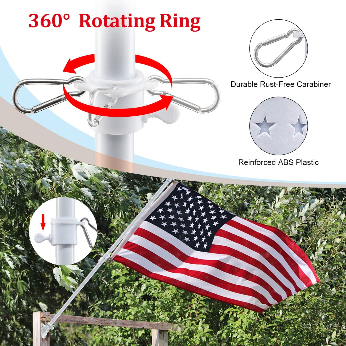 House Flag Pole Kit - 5ft Tangle Free Flag Pole Holder for Outside House,Heavy Duty American Flag Poles for 3x5 Flags Outdoor,Decorative Metal Flagpole for Porch,Garage,Wall Mount - White