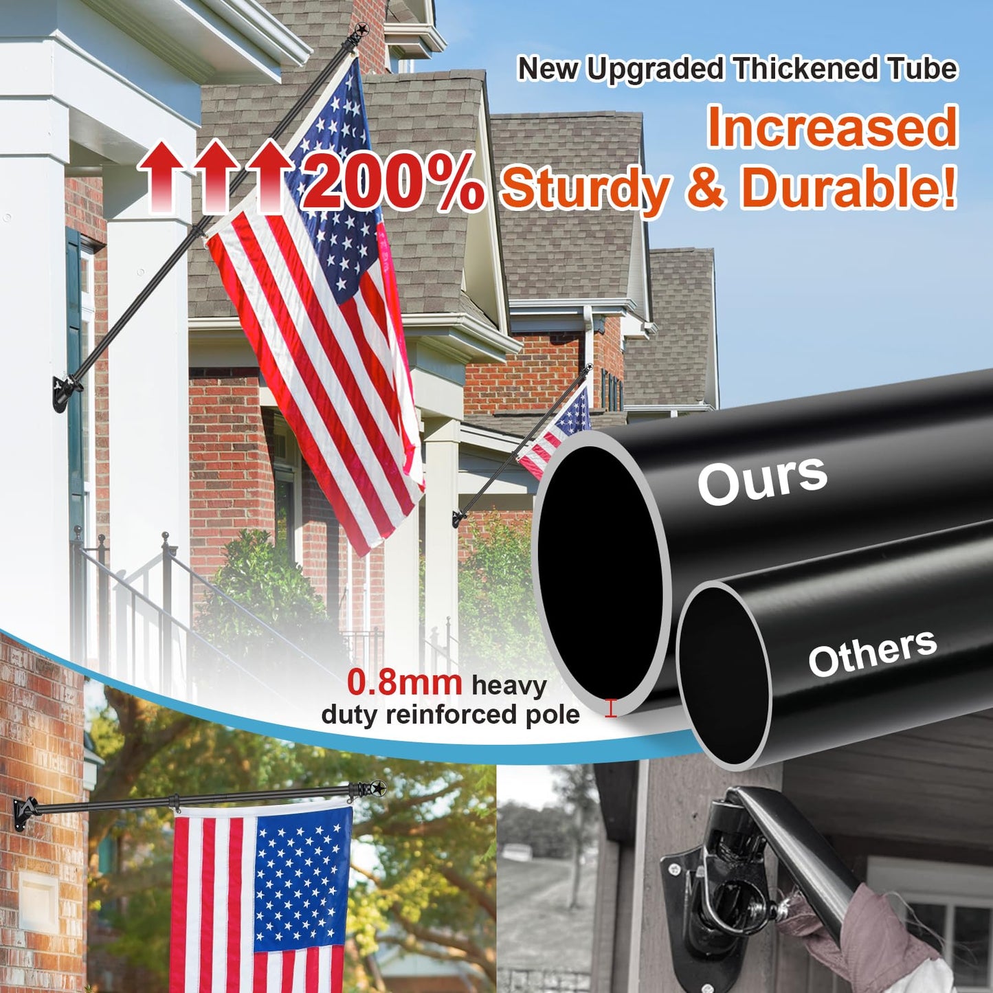 Porch Flag Pole Kit for House - 5ft Heavy Duty Metal Flag Pole Holder for Outside House,Upgraded Tangle Free Flagpole with Ball Bearing Swivel Rings & Aluminum Wall Mount Bracket for Outdoor,Black