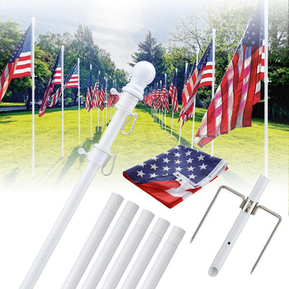 Yard Flag Pole for Outside Ground - 8.5 ft Tangle Free Heavy Duty Flag Pole Kit with 2 Anti-Tip Prong Base,Portable Inground Flag Holder with 3x5 American Flag for House Outdoor Campers,White