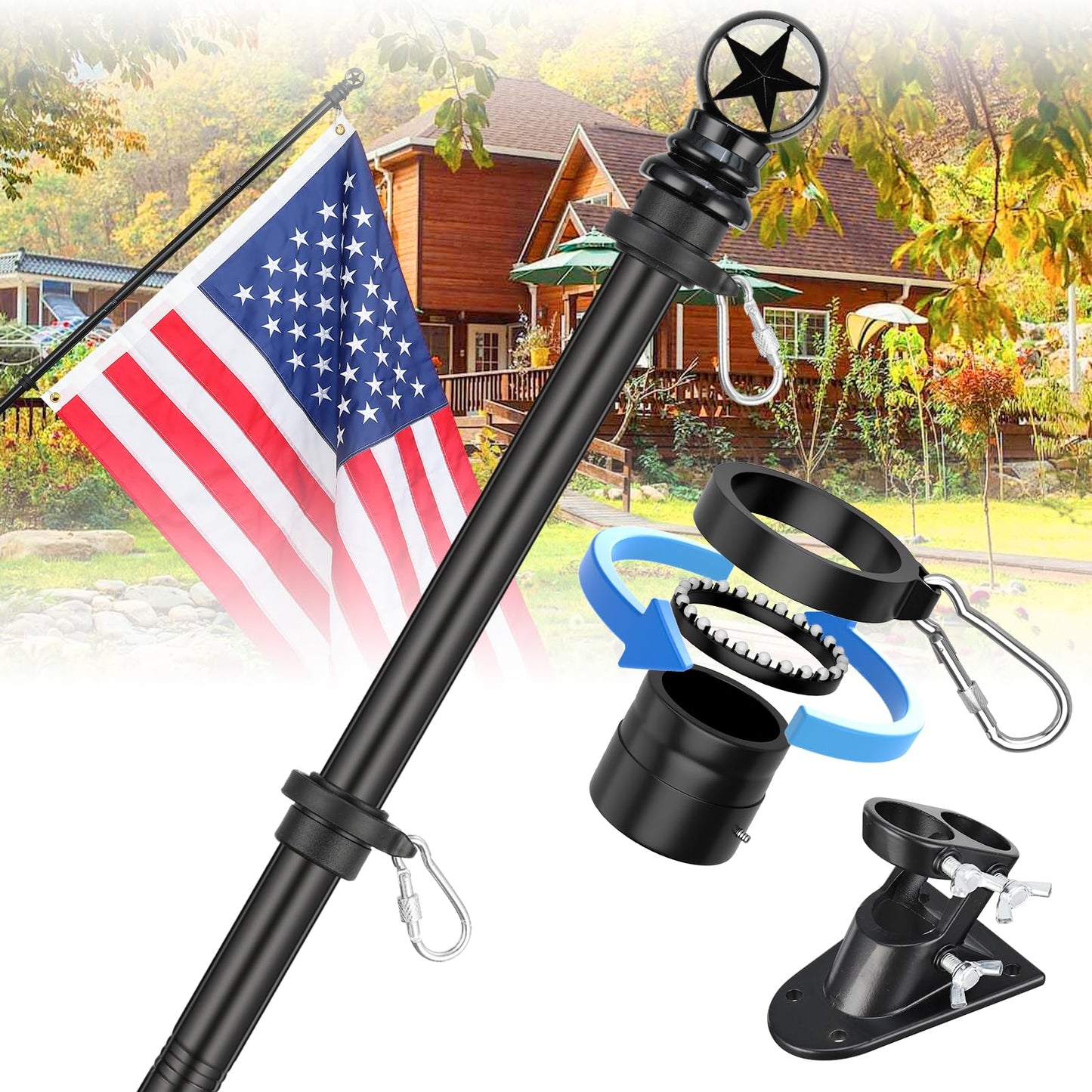 Porch Flag Pole Kit for House - 5ft Heavy Duty Metal Flag Pole Holder for Outside House,Upgraded Tangle Free Flagpole with Ball Bearing Swivel Rings & Aluminum Wall Mount Bracket for Outdoor,Black